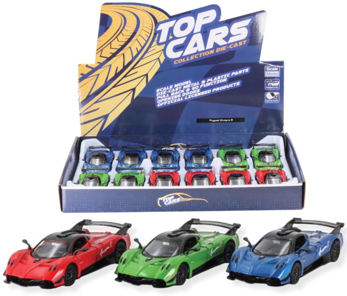 TOP CARS – Pagani Huayra R – Modellino cm12 c/porte apribili – c/pull-back and go In espo da 12pz (41x30cm) 3ass…x12…x48